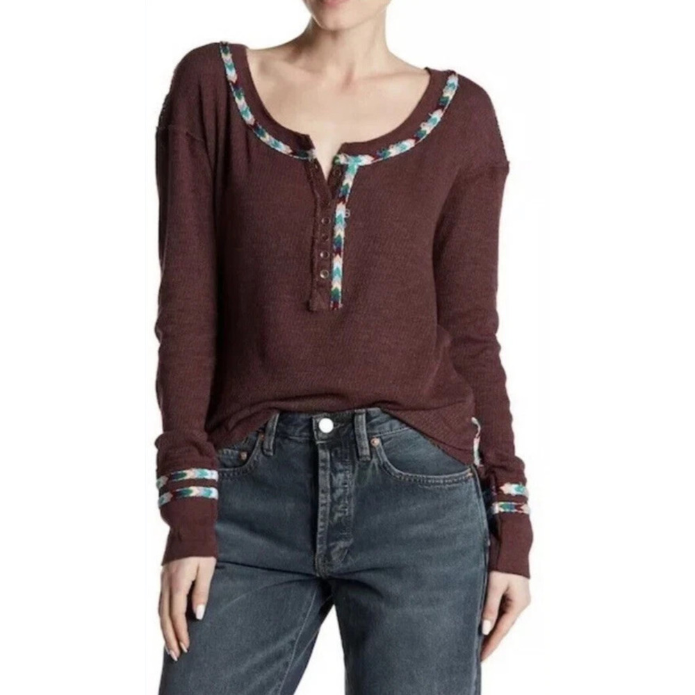 We The Free People Rainbow Trim Henley Thermal Top Small Boho Embroidered Wine - Picture 1 of 13